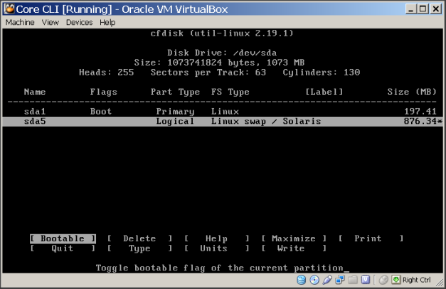 cfdisk primary bootable & linux